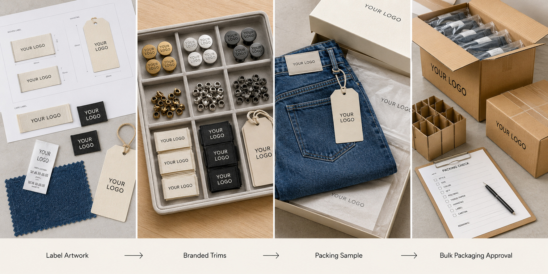 Custom denim branding and export packaging samples.