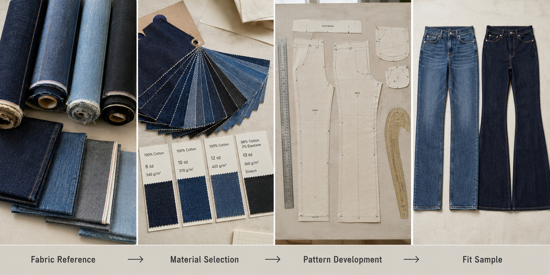 Custom denim material and jeans fit development.