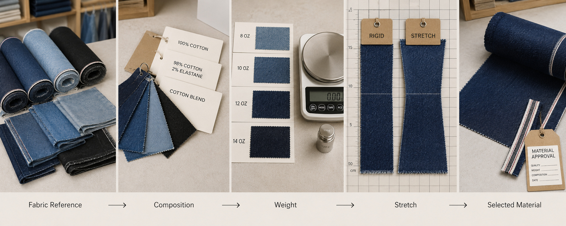 Custom denim material testing and selection.