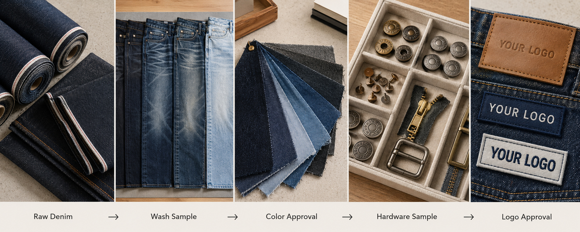 Custom denim wash and branding sample approval.