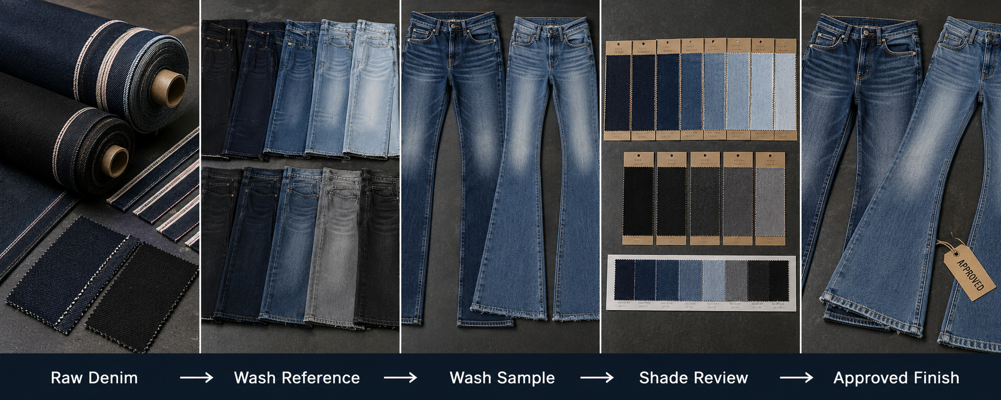 Custom denim wash and color development process.