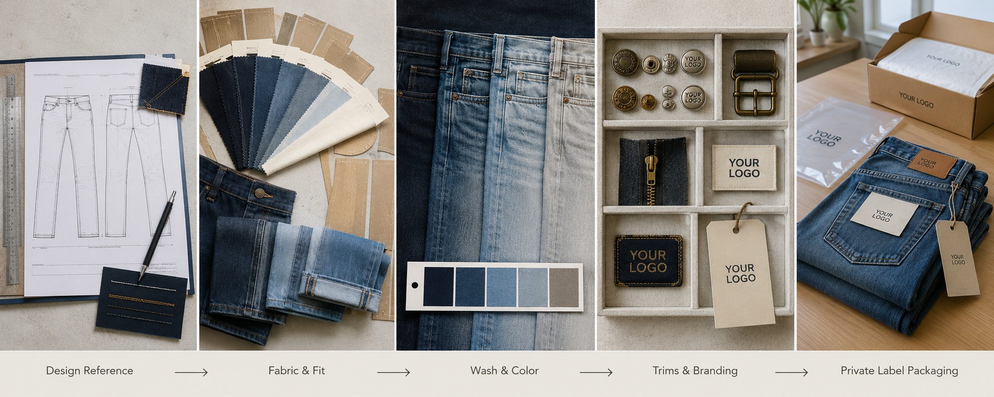 Custom jeans development with fabric, wash, logo and packaging options.