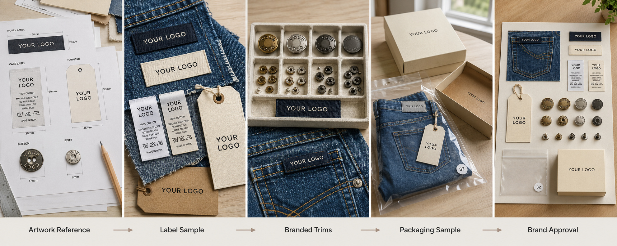 Custom jeans labels, trims and packaging samples.
