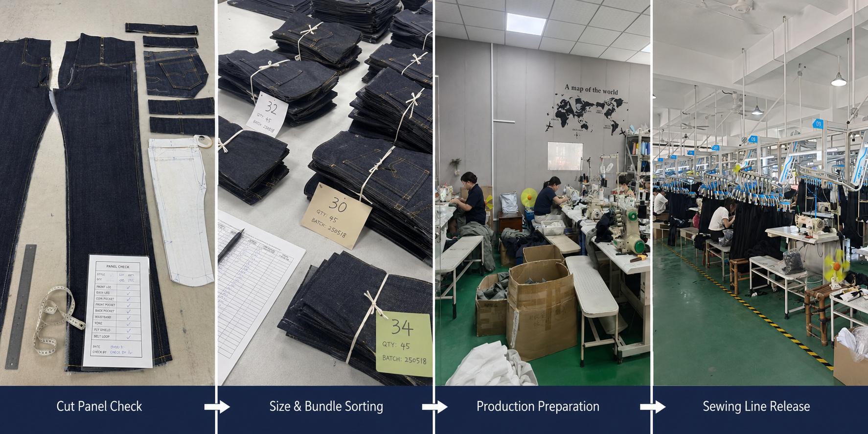 Denim cut panel checking, bundle sorting, and sewing preparation