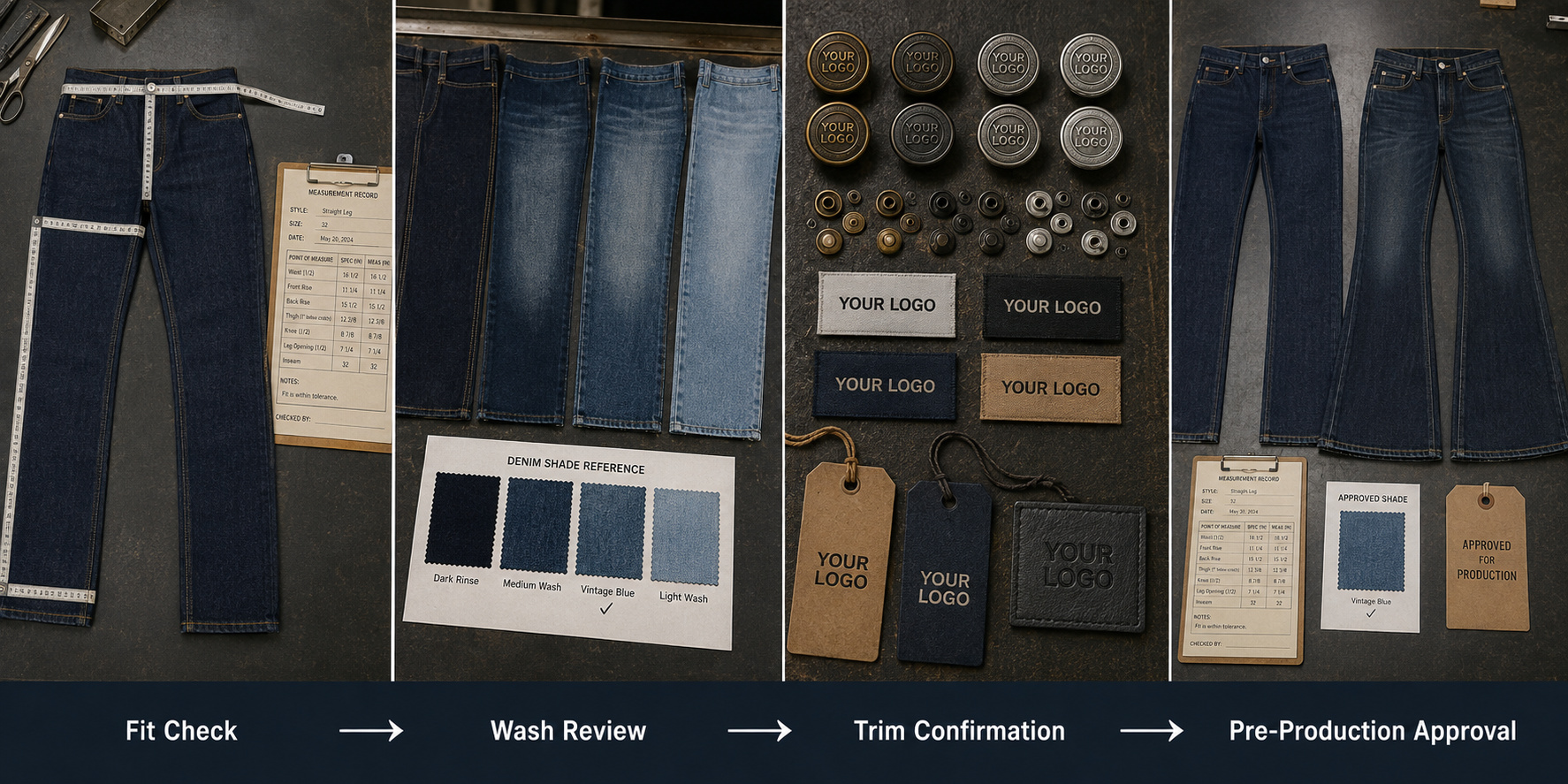 Denim fit, wash, trims and pre-production approval process.