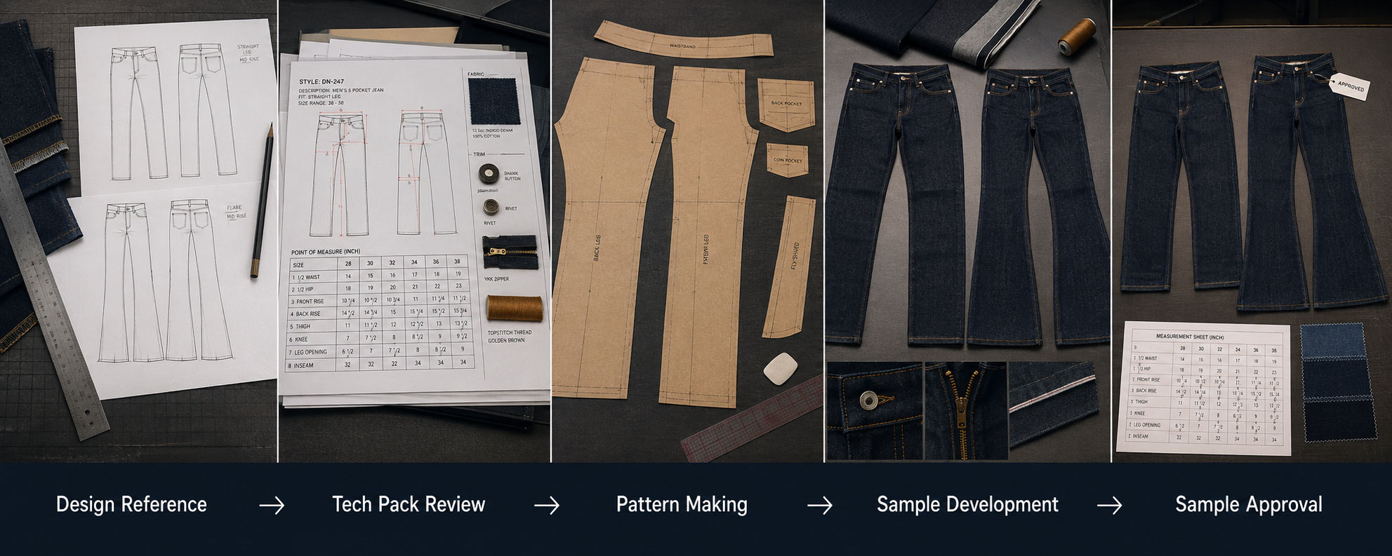 Denim tech pack and jeans sample development process.