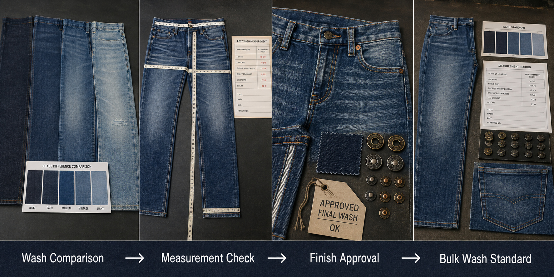 Denim wash comparison and bulk standard approval process.
