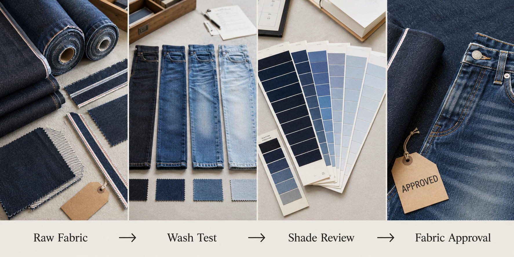 Denim wash shade and material approval.
