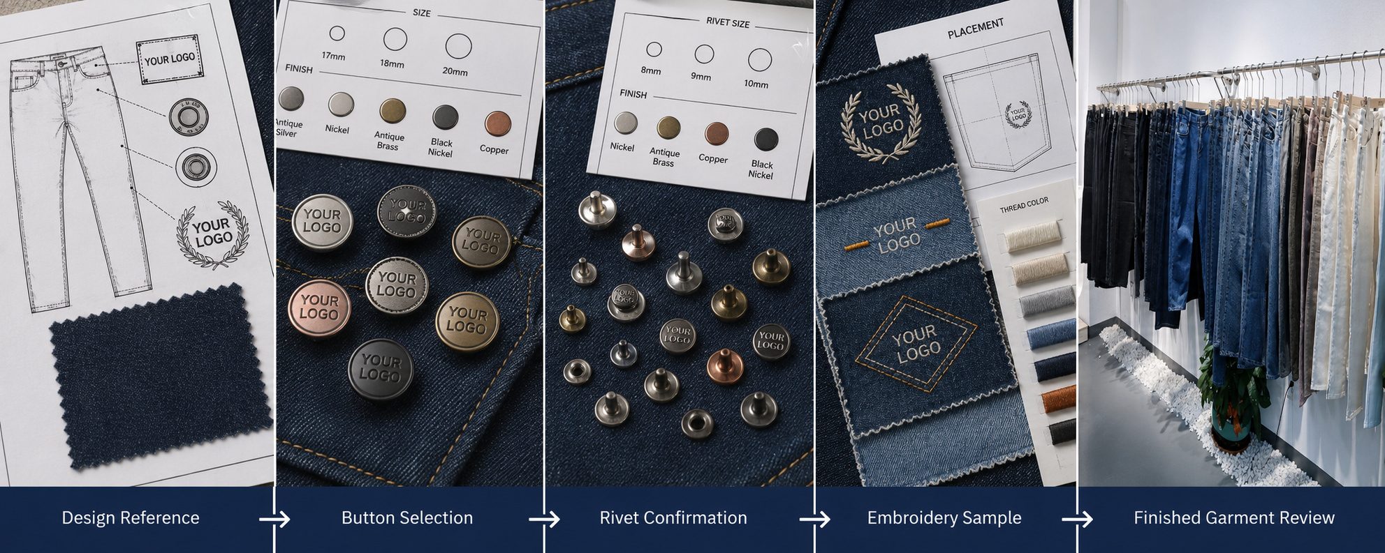 Jeans button, rivet, and embroidery development process