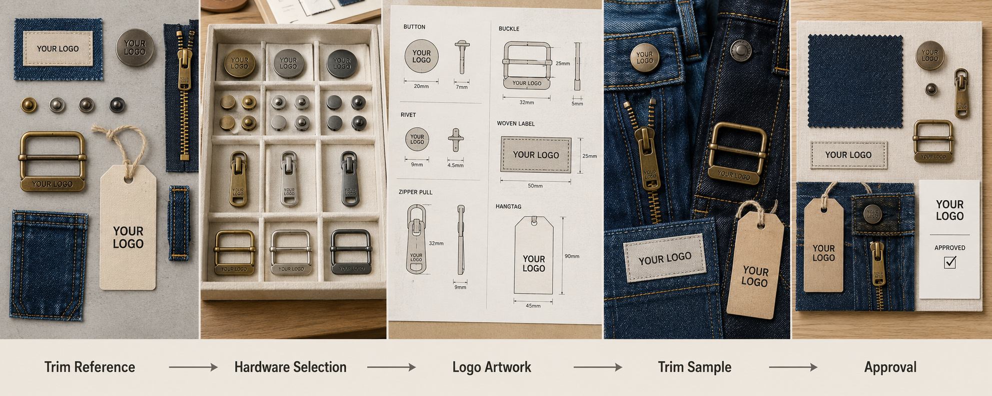 Jeans hardware, branded trims and logo approval.