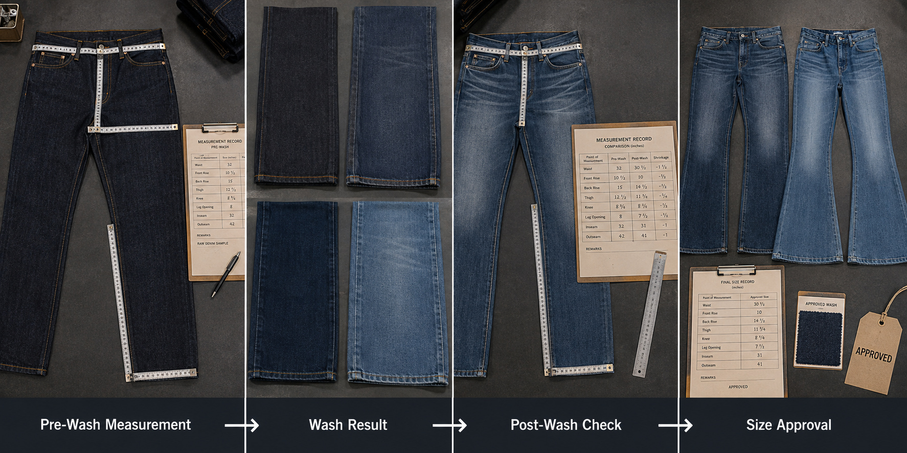 Pre-wash and post-wash jeans size inspection process.