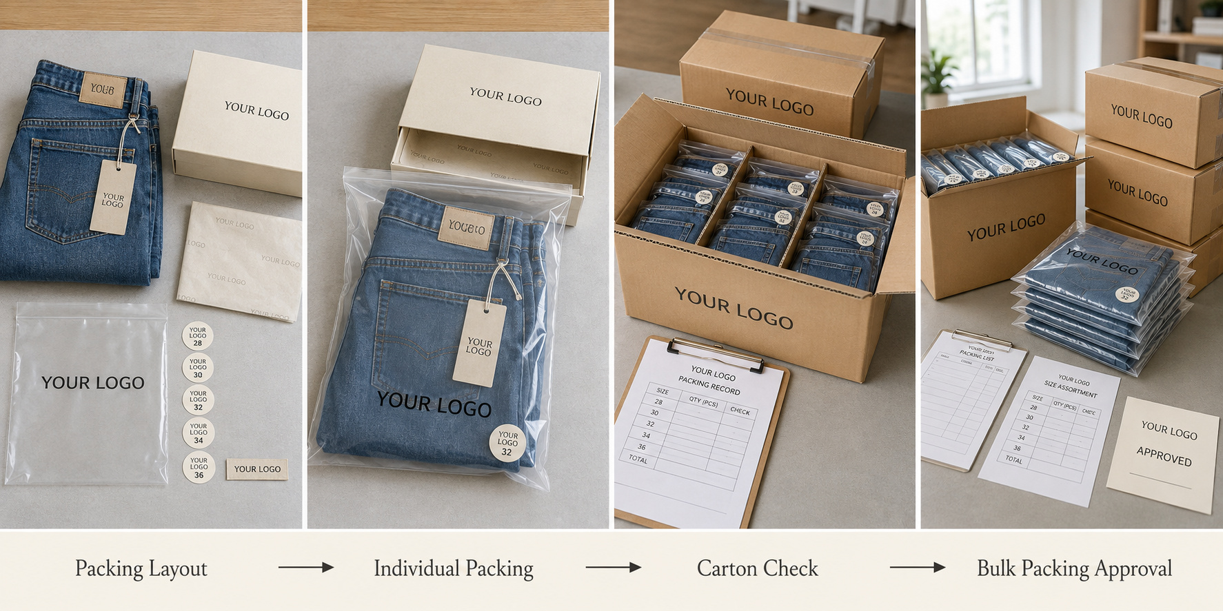 Private label jeans packaging confirmation.